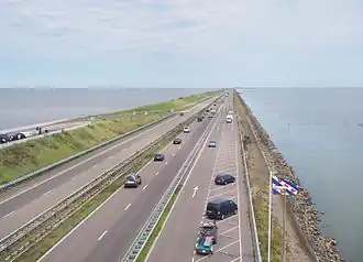 Afsluitdijk with the Wadden Sea (a part of the North Sea) on the left and the IJsselmeer on the right in the Netherlands