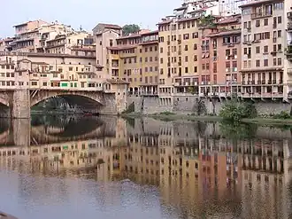Buildings reflected in river. Florence, Italy