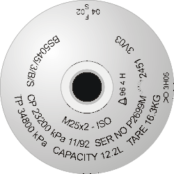 Stamp markings on a British manufacture aluminium 12.2&nbsp;l 232&nbsp;bar cylinder