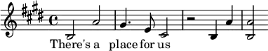 \language "english"\relative c'
{
\key e \major
b2 a'2 gs4. e8 cs2 r2 b4 a'4 <b, a'>2
}
\addlyrics {
There's a place for us
}