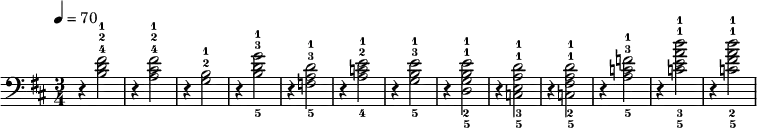 
\language "english" <<
\time 3/4 \key d \major \relative c'
{ 
\clef bass\tempo 4=70
r4 <b d fs>2-4-2-1 | 
r4 <a cs fs>2-4-2-1  | 
r4 <g b>2-2-1        | 
r4 <b-5 d-3 g-1>2    |
r4 <f-5 a-3 d-1>2    |   
r4 <a-4 c-2 e-1>2    | 
r4 <g-5 b-3 e-1>2    | 
r4 <d-5 g-2 b-1 e-1>2 | 
r4 <c-5 e-3 a-1 d-1>2 | 
r4 <c-5 fs-2 a-1 d-1>2 | 
r4 <a'-5 c-3 f-1>2     | 
r4 <c-5 e-3 a-1 d-1>2  | 
r4 <c-5 fs-2 a-1 d-1>2 |%End part A 
}
>>