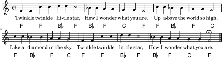                                                                          
 {\language "english" \new PianoStaff 
 %%%%%%%%%%%%%%%%%%%%%%%%%%%%%%%%%%%%%%%%%%%%%%%%%%%%%%%%%%%%%%%%%%%%%%%%%%%%%%%%%%%%
 \transpose c f                                           % \transpose c c is default
 %%%%%%%%%%%%%%%%%%%%%%%%%%%%%%%%%%%%%%%%%%%%%%%%%%%%%%%%%%%%%%%%%%%%%%%%%%%%%%%%%%%%
 << \new Staff\relative c'{\set Staff.midiInstrument= #"lead 2" \clef treble  
 %%%%%%%%%%%%%%%%%%%%%%%%%%%%%%%%%%%%%%%%%%%%%%%%%%%%%%%%%%%%%%%%%%%%%%%%%%%%%%%%%%%%
 %%% Other instruments: #"reed organ" | #"reed organ" | #"lead 2"                                         
 %                                               
 %%%%%%%%%%%%%%%%%%%%%%%%%%%%%%%%%%%%%%%%%%%%%%%%%%%%%%%%%%%%%%%%%%%%%%%%%%%%%%%%%%%%
 \time 4/4
 % Notes
 c4 c4 g' g  %1
 a a g2      %2   
 f4 f e e     %3
 d d  c2      %4
 g'4 g f f    %5
 e e d2      %6
 g4 g f f    %7
 e e d2      %8
 c4 c4 g' g  %9
 a a g2     %10
 f4 f e e   %11
 d d c2     %12
 \fermata
 \bar "|."
 } \addlyrics{Twin -- kle twin -- kle lit -- tle star, How I won -- der what you are. 
 Up a -- bove the world so high. Like a dia -- mond in the sky.
 Twin -- kle twin -- kle lit -- tle star, How I won -- der what you are.}

 \new ChordNames  {\chordmode {\clef bass % Chords
 c,2 c,  %1
 f, c,   %2
 f, c,   %3
 g, c,   %4
 c, f,   %5
 c, g,   %6
 c, f,   %7
 c, g,   %8
 c, c,   %9
 f, c,  %10
 f, c,  %11
 g, c,  %12
           } 
             }>>}