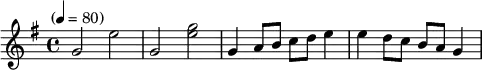 
\language "english"  
\transpose c g \relative c' 
{\set Staff.midiInstrument = #"reed organ" \key c\major \time 4/4 \tempo "" 4 = 80 %
c2 a'
c, <c' a>
c,4 d8 e f g a4 
a4 g8 f e d c4
}