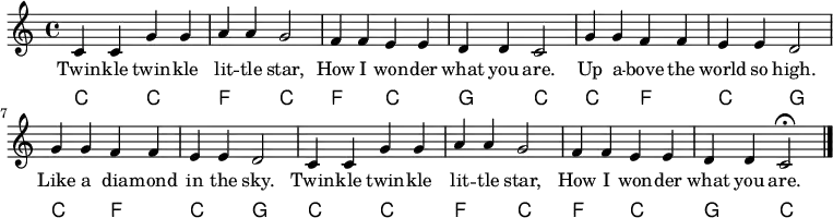                                                                          
 {\language "english" \new PianoStaff 
 %%%%%%%%%%%%%%%%%%%%%%%%%%%%%%%%%%%%%%%%%%%%%%%%%%%%%%%%%%%%%%%%%%%%%%%%%%%%%%%%%%%%
 \transpose c c                                           % \transpose c c is default
 %%%%%%%%%%%%%%%%%%%%%%%%%%%%%%%%%%%%%%%%%%%%%%%%%%%%%%%%%%%%%%%%%%%%%%%%%%%%%%%%%%%%
 << \new Staff\relative c'{\set Staff.midiInstrument= #"lead 2" \clef treble  
 %%%%%%%%%%%%%%%%%%%%%%%%%%%%%%%%%%%%%%%%%%%%%%%%%%%%%%%%%%%%%%%%%%%%%%%%%%%%%%%%%%%%
 %%% Other instruments: #"reed organ" | #"reed organ" | #"lead 2"                                         
 %                                               
 %%%%%%%%%%%%%%%%%%%%%%%%%%%%%%%%%%%%%%%%%%%%%%%%%%%%%%%%%%%%%%%%%%%%%%%%%%%%%%%%%%%%
 \time 4/4
 % Notes
 c4 c4 g' g  %1
 a a g2      %2   
 f4 f e e     %3
 d d  c2      %4
 g'4 g f f    %5
 e e d2      %6
 g4 g f f    %7
 e e d2      %8
 c4 c4 g' g  %9
 a a g2     %10
 f4 f e e   %11
 d d c2     %12
 \fermata
 \bar "|."
 } \addlyrics{Twin -- kle twin -- kle lit -- tle star, How I won -- der what you are. 
 Up a -- bove the world so high. Like a dia -- mond in the sky.
 Twin -- kle twin -- kle lit -- tle star, How I won -- der what you are.}

 \new ChordNames  {\chordmode {\clef bass % Chords
 c,2 c,  %1
 f, c,   %2
 f, c,   %3
 g, c,   %4
 c, f,   %5
 c, g,   %6
 c, f,   %7
 c, g,   %8
 c, c,   %9
 f, c,  %10
 f, c,  %11
 g, c,  %12
           } 
             }>>}
