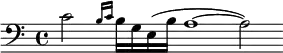  \relative c'{\set Staff.midiInstrument = #"music box"\clef bass\cadenzaOn  c2\grace { b16[c] } [b g e (b'] a1~a2) } 